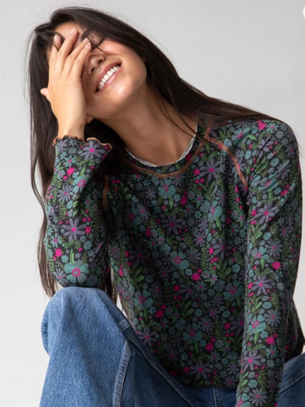 Natural Life Lily Cotton Long Sleeve Tee Shirt Dark Blue Garden Sz XL